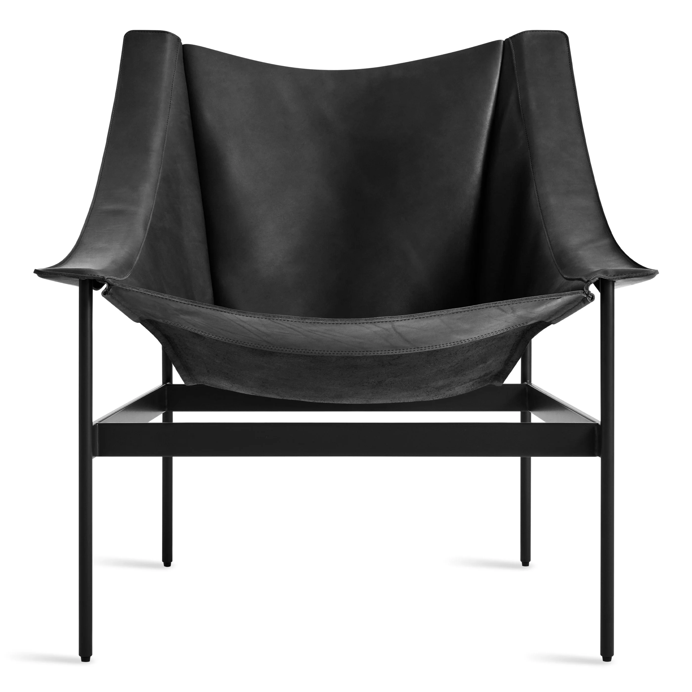 Modern Black Leather Sling Lounge Chair with Suspended Steel Frame for Living Room