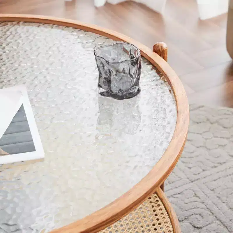 Double-Layered Round Water Ripple Glass and PE Rattan Tabletop Matched with Heat Transfer Wood Grain Iron Frame Coffee Table