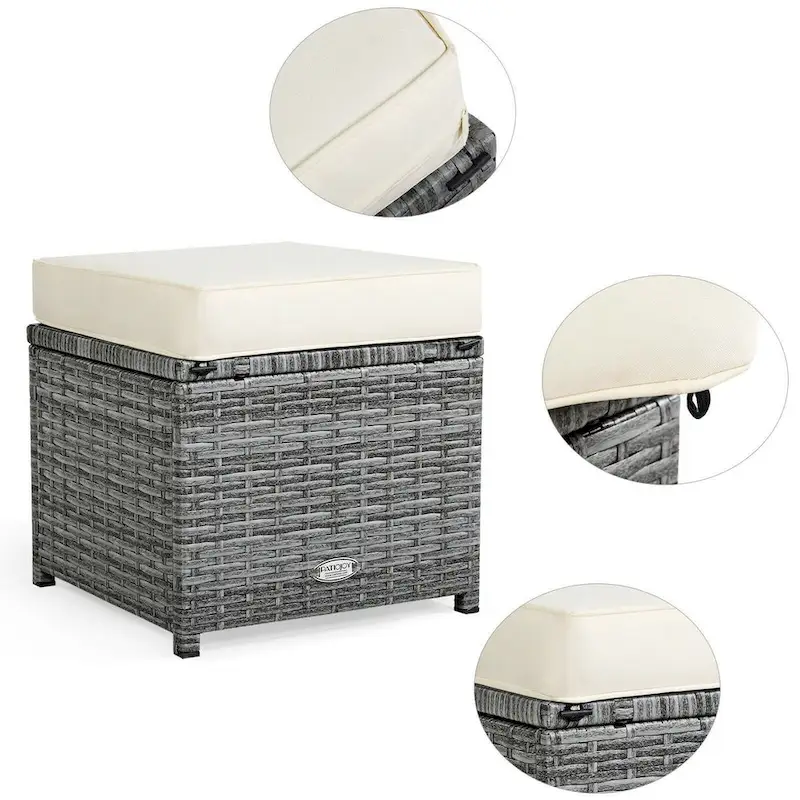 7 Pcs All-Weather Patio Rattan Dining Furniture Sectional Sofa Set with Wicker Ottoman and Cushed Couch