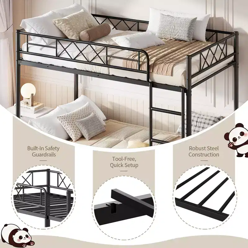 Bunk Bed Twin Over Twin with Extra High Guardrail, Heavy Duty Metal Frame & Sturdy Slats, No Box Spring Needed