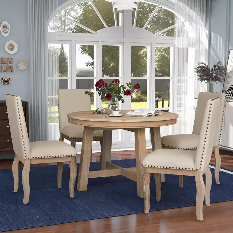 Whisen 5-Piece Farmhouse Dining Table Set with Extendable Dining Table and 4 Upholstered Dining Chairs