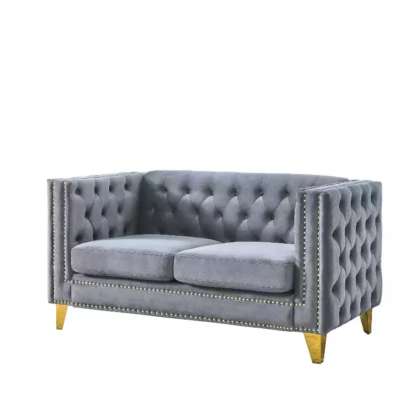 Button-Tufted Velvet 2-Seater Sofa with Square Arms & Metal Legs, Nailhead Trim