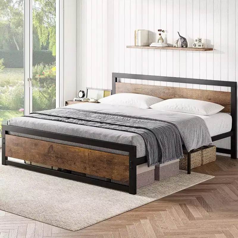 Metal Frame MDF Headboard King Platform Bed with Storage 14