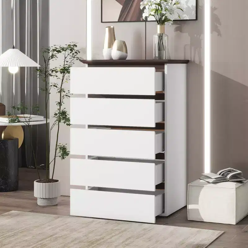 5 Drawer Dresser for Bedroom, Modern Closet Dressers Chest of Drawers, White & Walnut Color Storage Dresser Chest Cabinet Organizer