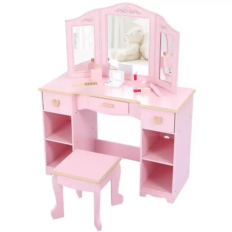 Kids Vanity Set with Mirror and Drawer - Girls' Vanity Table and Chair Set with Wood Makeup Playset, Perfect for 3-9 Yr