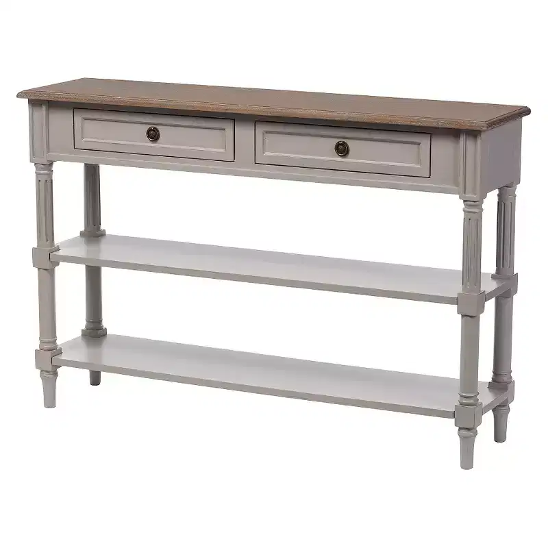White & Brown French Provincial Console Table with 2 Drawers & 2 Shelves