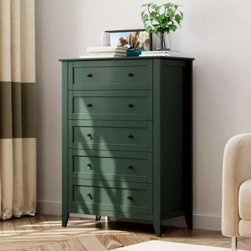 Green 5-Drawer Tall Dresser with Metal Knobs, MDF, 1-Person
