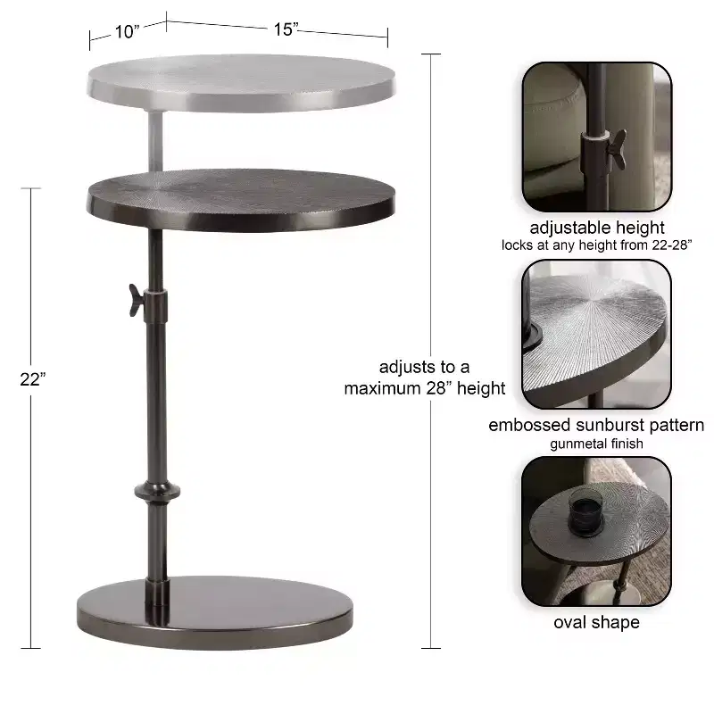 Kate and Laurel Engles Adjustable Oval Metal Table, Pewter, 15x10x28
