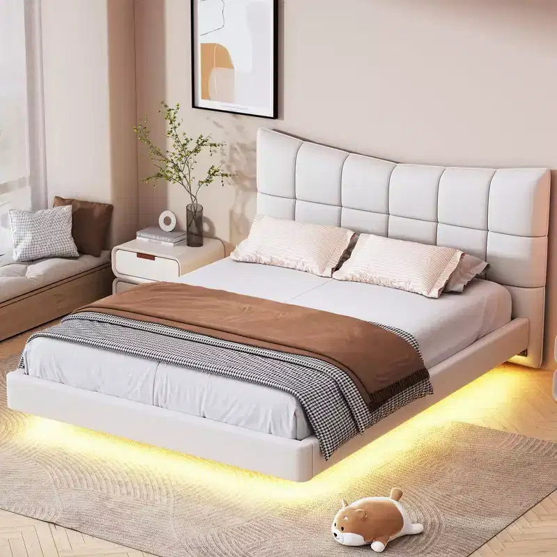 LED Full Upholstered Platform Bed with U Shaped Headboard, Linen Bed Frame with LED Lights