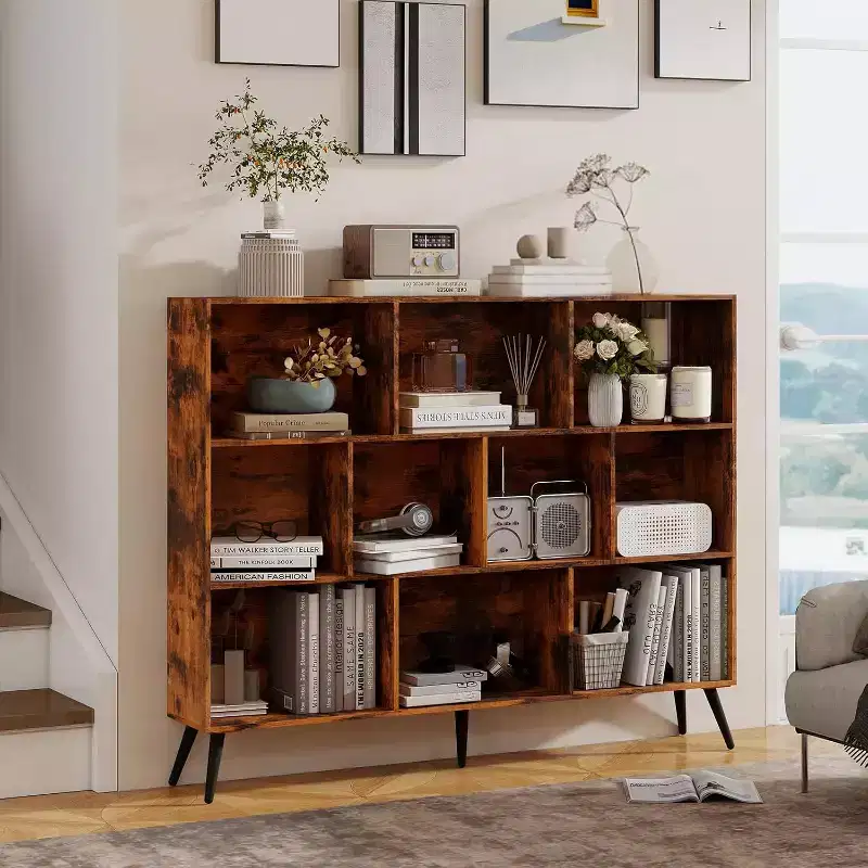 Wooden 3-Tier Open Shelf Bookcase, 10 Grid Freestanding Book Shelf Storage Organizer with 5 Iron Legs for Home Office Living Room Bedroom