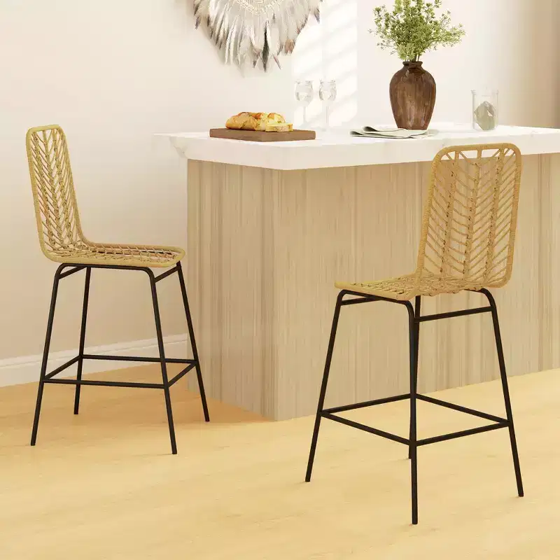 Rattan Counter Height Barstools Set of 2 Steel Frame Footrest 26