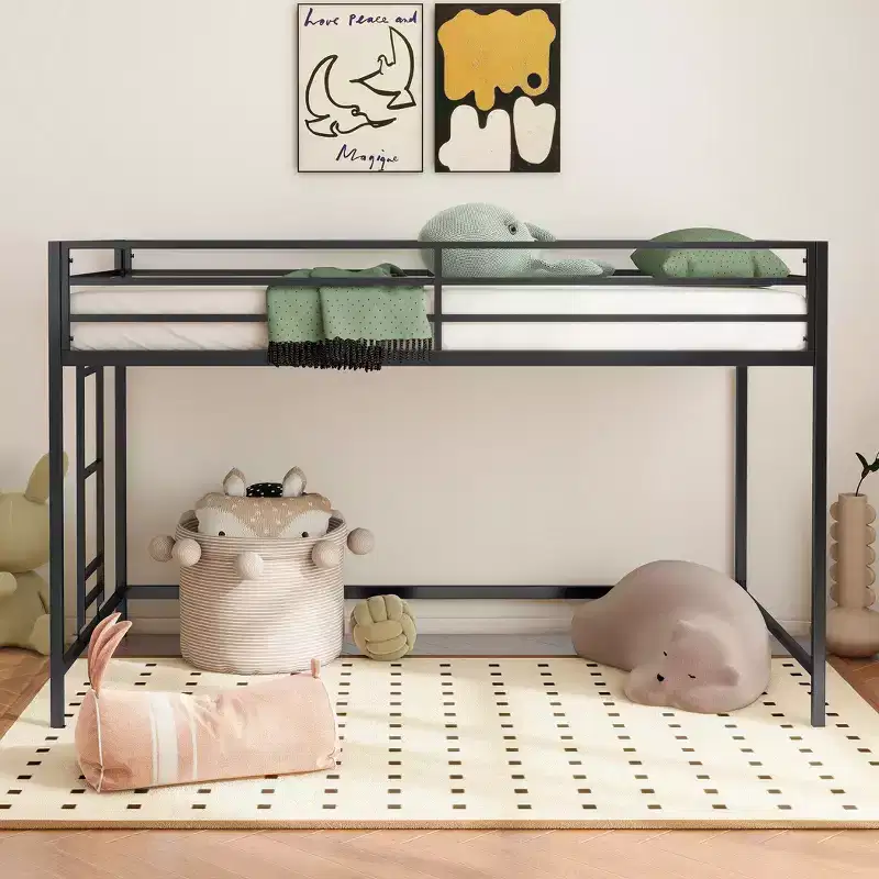 Twin Size Black Junior Loft Metal Bed - Space-Saving, Ladder, Guardrails, 350LBS Capacity (CPC Certified)