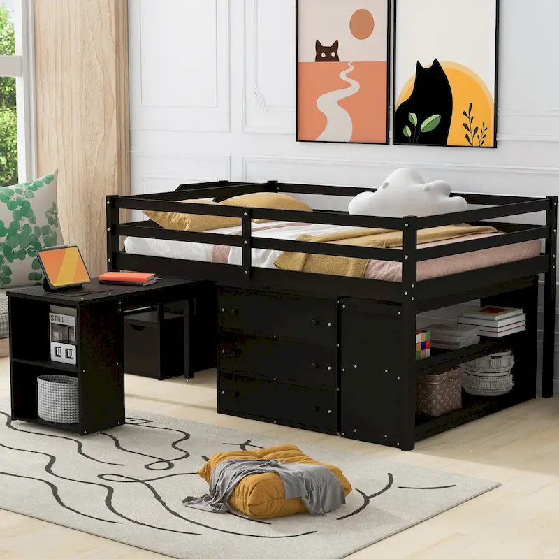 Full Size Loft Bed with Retractable Writing Desk and 3 Drawers, Wooden Loft Bed with Storage Stairs and Shelves, Espresso