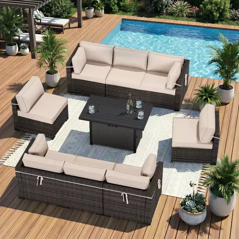 UPTIOT Premium All-Weather Outdoor Sectional Set with 4 Corner Loungers, 4 Deep Seats & Grey Convertible Fire Table
