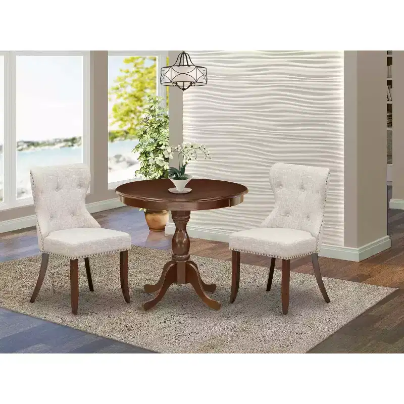 HomeStock Round Dining Table Set Linen Parson Chairs Classic