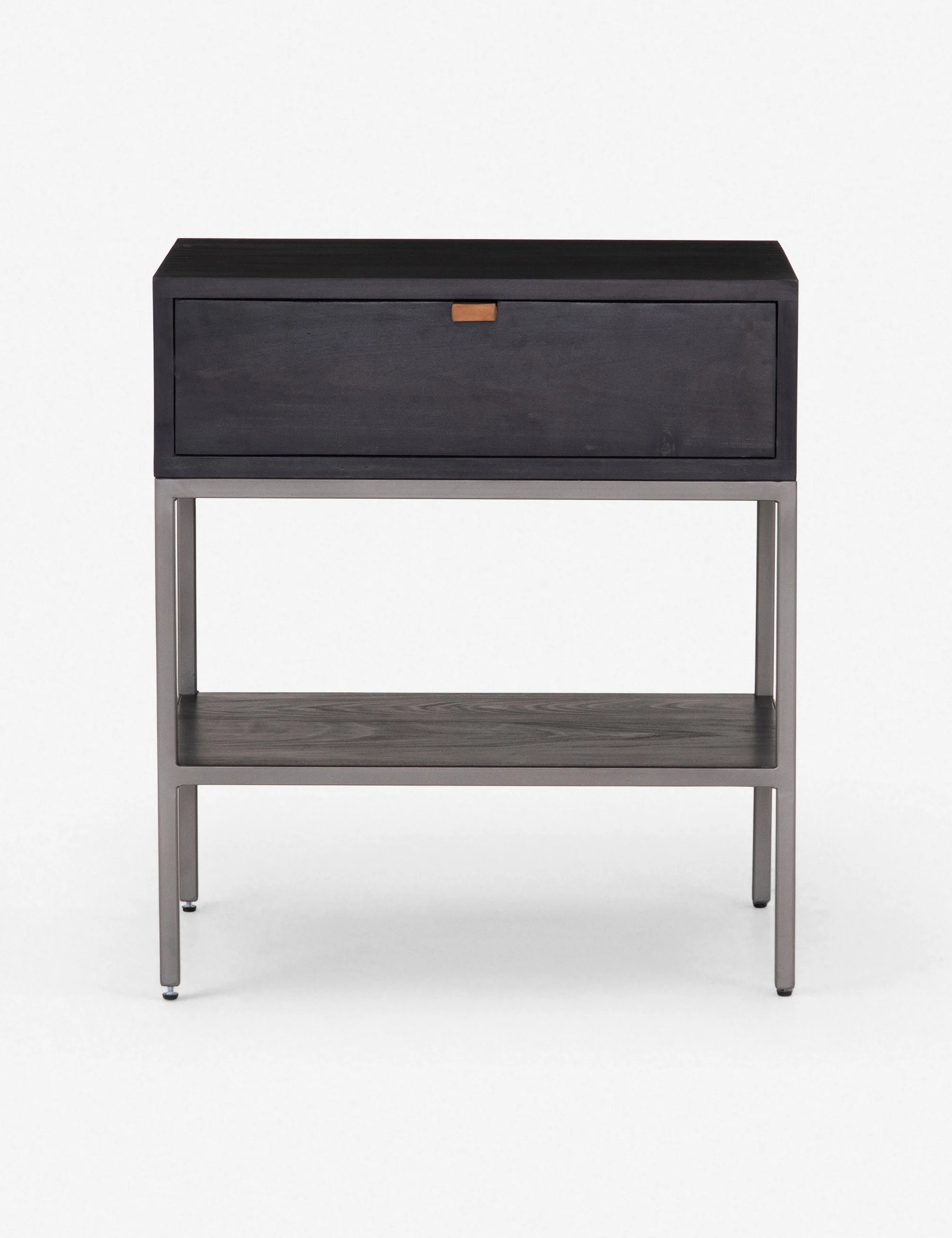 Nightstand Keep your bedroom style grounded (and clutter-free) with this wooden nightstand. Featuring mid-century aesthetics with a slim iron base