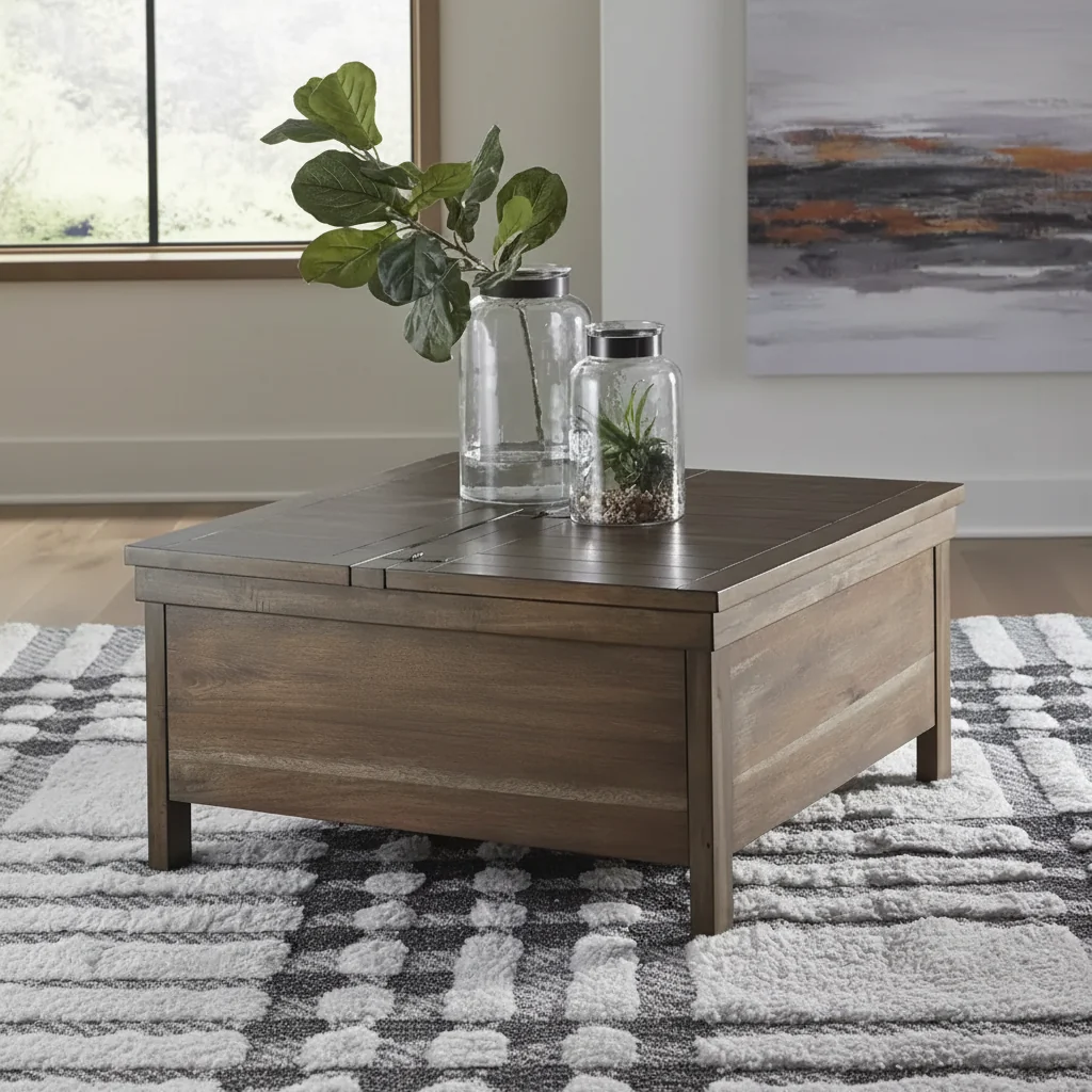 Rustic Lift Top Cocktail Table with Hidden Storage, Light Brown