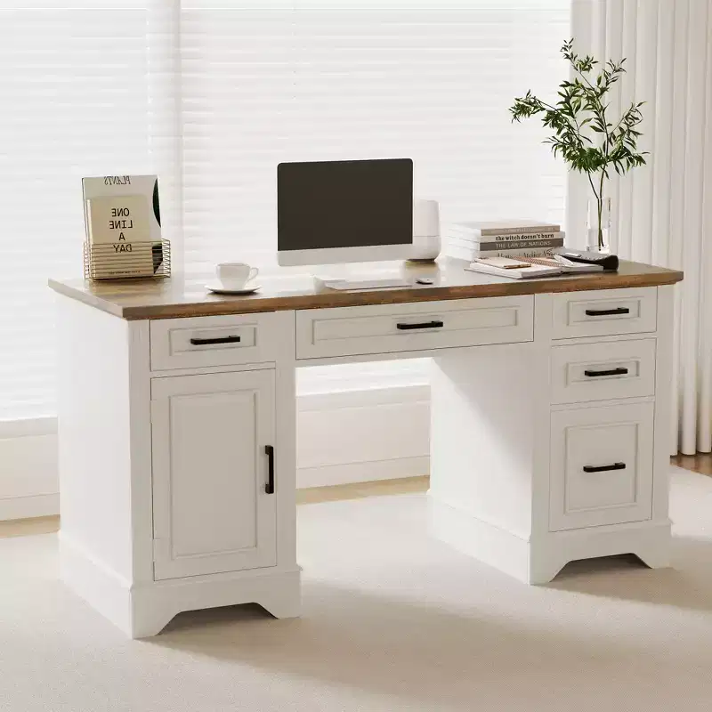 Garvee 58 Fluted Executive Desk, Home Office Desk with Keyboard Tray, 5 Embossed Texture Drawers & Storage Cabinet, Farmhouse Desk for Home Office