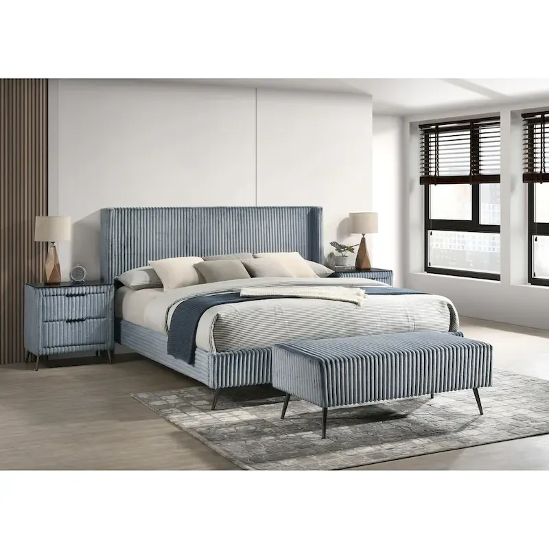 Roundhill Furniture Mavela Wide Wale Corduroy Upholstery Panel Bed with 2 Nightstands and Bench, Blue