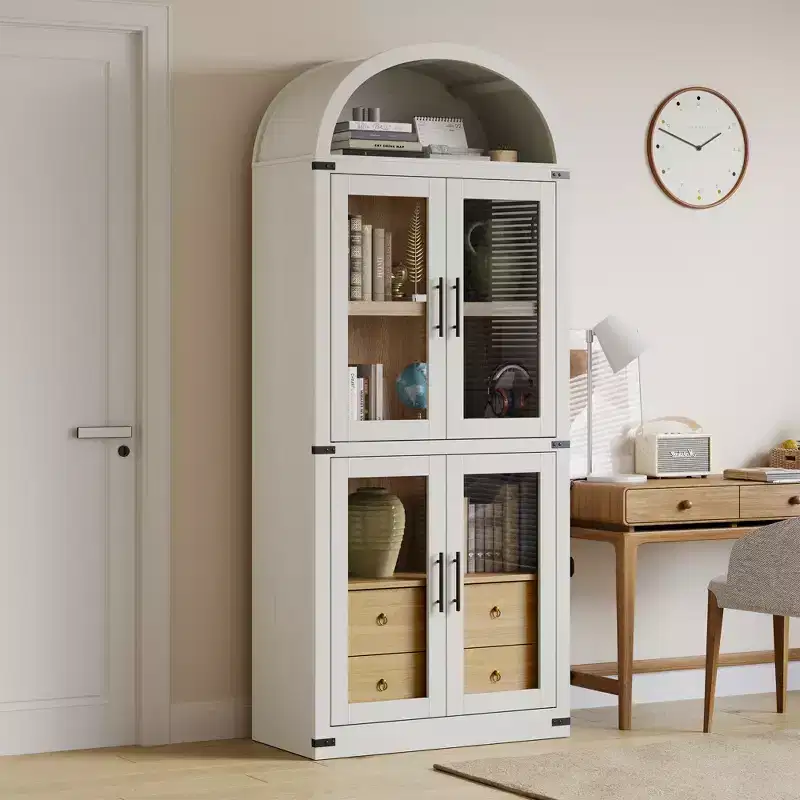 High arched bookcase, 71.7 inches, with 2 inner drawers, freestanding storage cabinet with anti-tip device, suitable for living room, bedroom