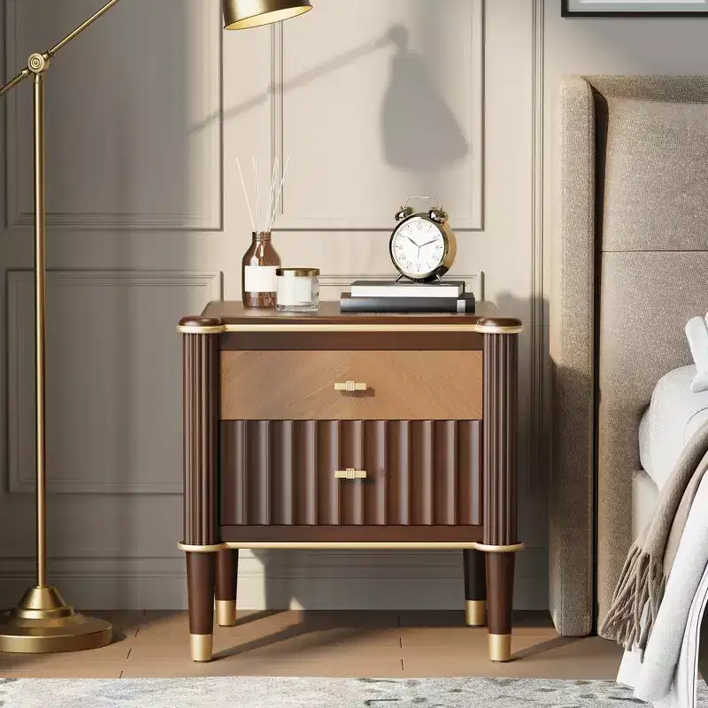 Nightstand, Bedside Table, End Table with Fluted Drawer, Solid Rubberwood Leg, Gold Handle, 2 Drawers, Walnut, Robot Vacuum Friendly - Walnut