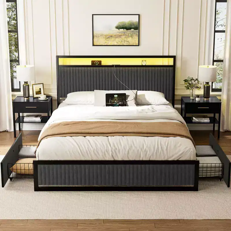 Upholstered Bed Frame with 2 Storage Drawers, LED Headboard, USB Ports, Dark Gray