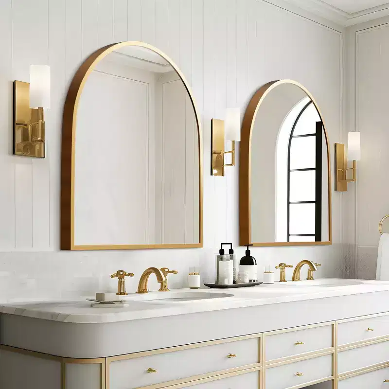 Golden Arch-Shaped Wall Mirror with Thin Aluminum Alloy Edge and Right Angle Design
