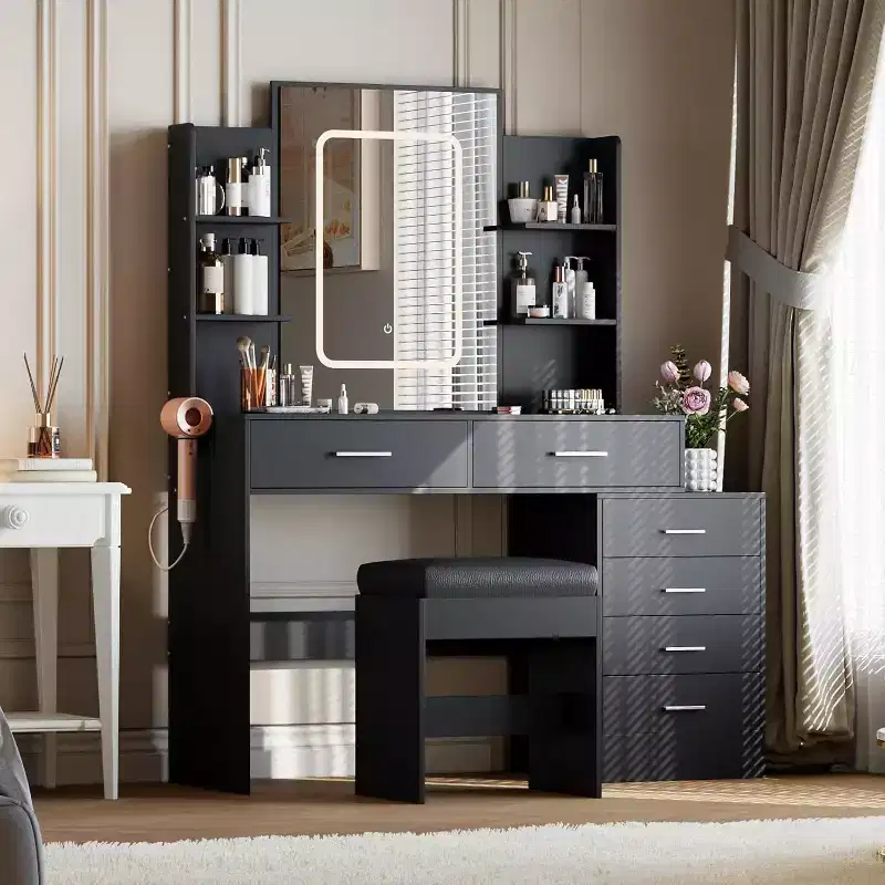 Vanity Desk with Mirror, Makeup Vanity with Drawers & Charging Station, 3 Lighting Color Adjustable