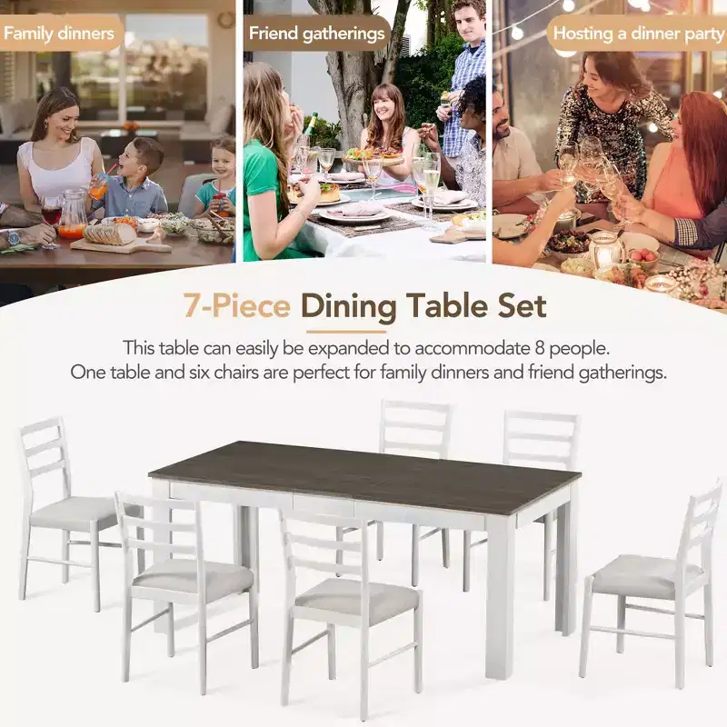 Whisen 7-Piece Wooden Dining Table Set Mutifunctional Extendable Table,12 Leaf and 2 Drawers, 6 Dining Chairs