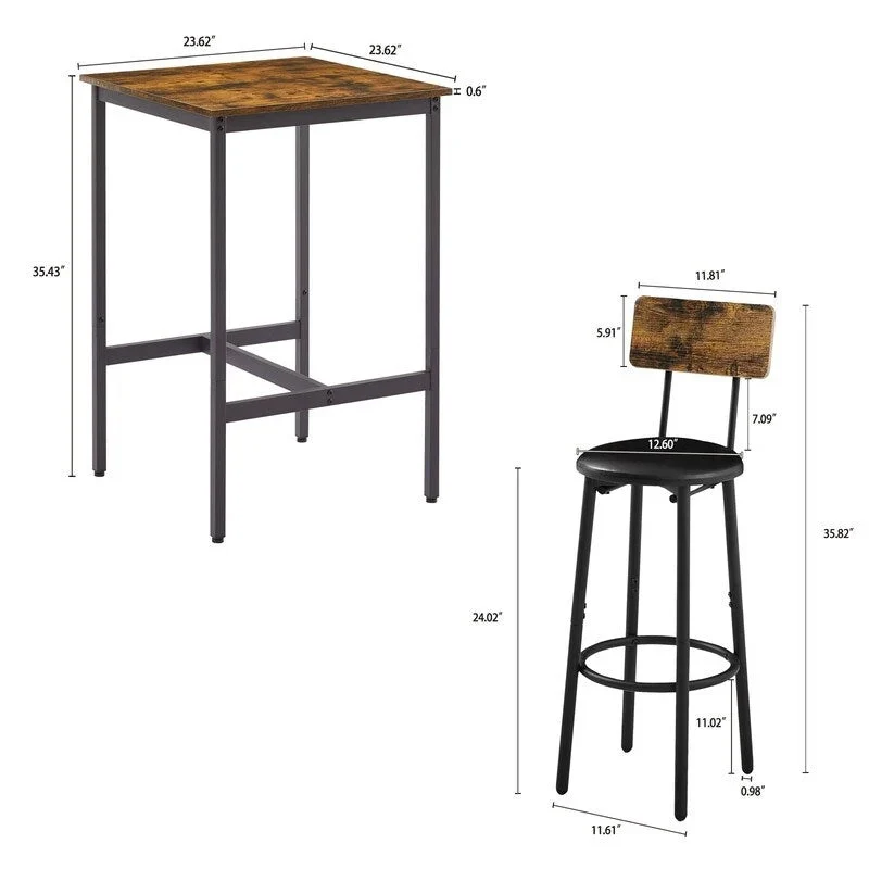 Eureka Industrial Bar Table Set, 3-Piece Dining Table and PU Upholstered Stools Set, Small Counter Height Pub Bistro Table Set