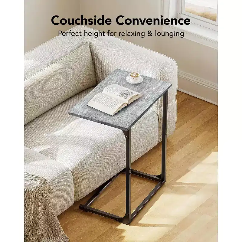Set of 2 C-Shaped Side Tables with Metal Frame & Large Surface, Gray
