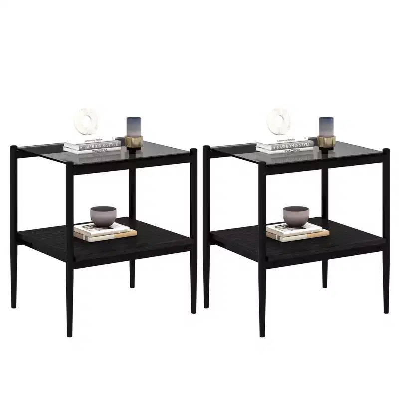 Set of 2 Rectangle End Table, Tempered Glass Tabletop with MDF layer, Modern Table for Living Room , Gray Glass