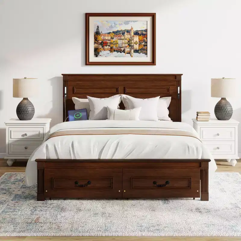 Farmhouse Bed Frame with Tall Panel Headboard, Storage Drawers & LED Lights (Queen/King)