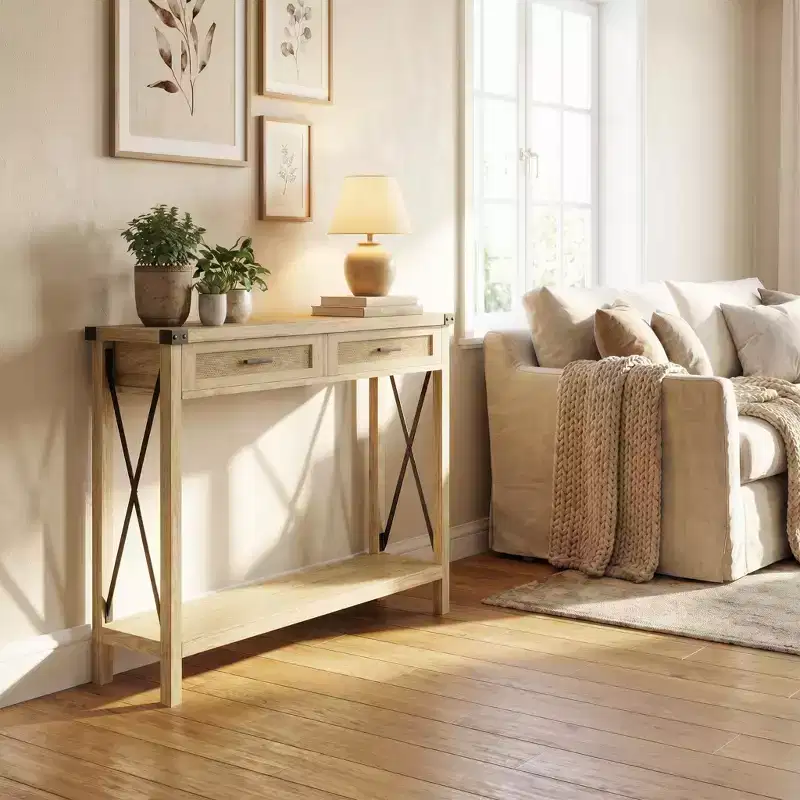 Modern Farmhouse Console Table with 2 Drawers, 43 Rustic Wood Ratten Narrow Table for Entryway Living Room Hallway