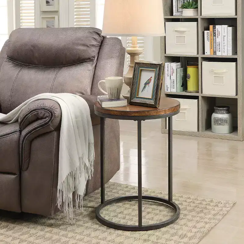 Carolina Living 18" Edie Round Thick Top Accent Table Chestnut Brown/Silver: Metal Frame, Wood Veneer Top, 26" High