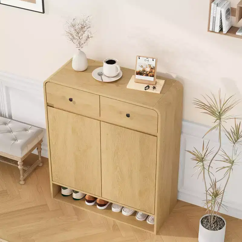 Shoe Storage Cabinet, Freestanding Entryway Organizer with Rounded Corner, Narrow Large Capacity Cabinet for Hallway, Living Room, Natural Oak