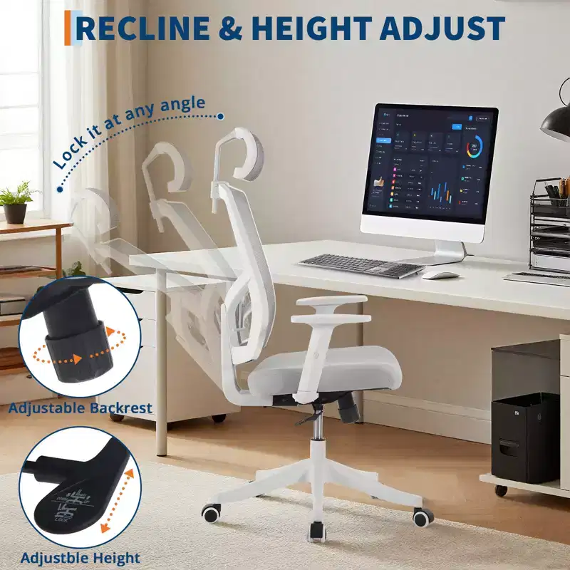 Ergonomic High Back Mesh Office Chair, Reversible-style-Up Arms, Adjustable Headrest & Lumbar Support, with Wheels, for Home Office