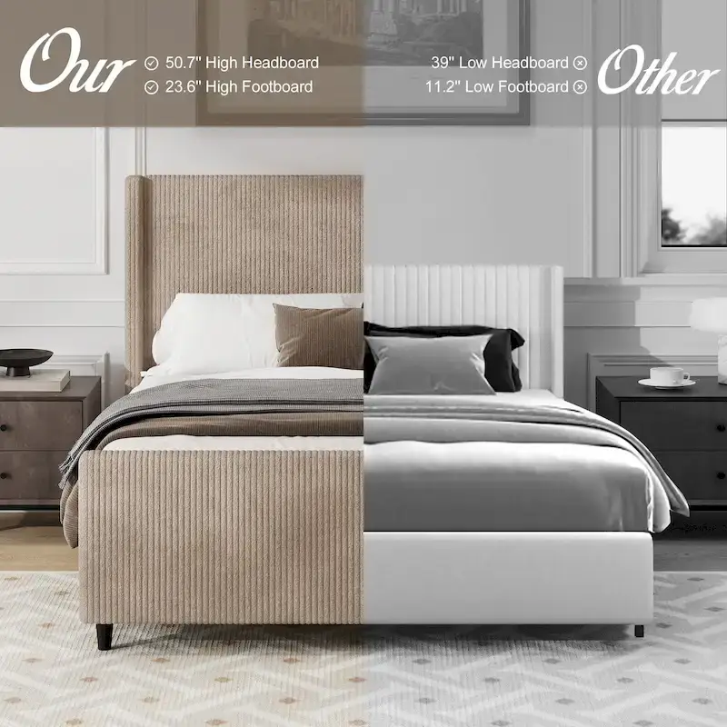 Taupe / Cream Corduroy Wingback Platform Bed, Vertical Stripe Headboard, for 2 – Queen / King