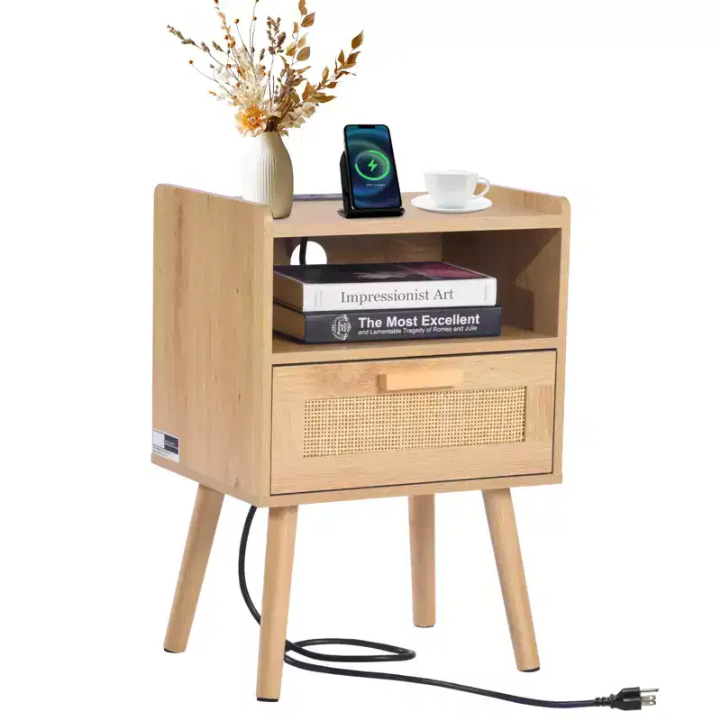 Rattan Nightstand, Boho Bedside Table with Drawer Open Shelf, Rattan End Table Wooden Nightstand with Solid Wood Legs, Natural