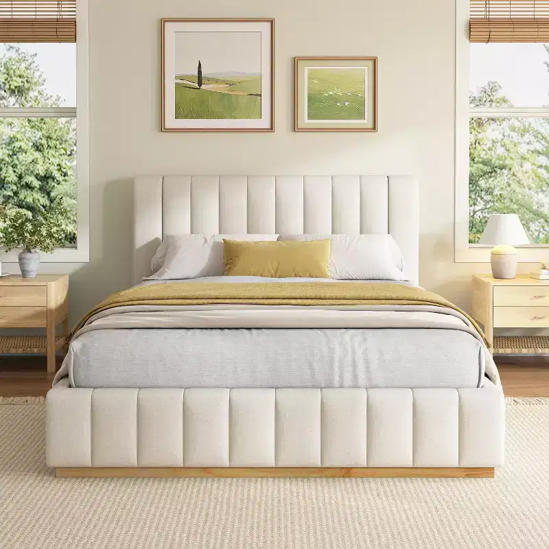 Rubberwood & Polyester Upholstered Platform Bed with Striped Headboard Queen/King
