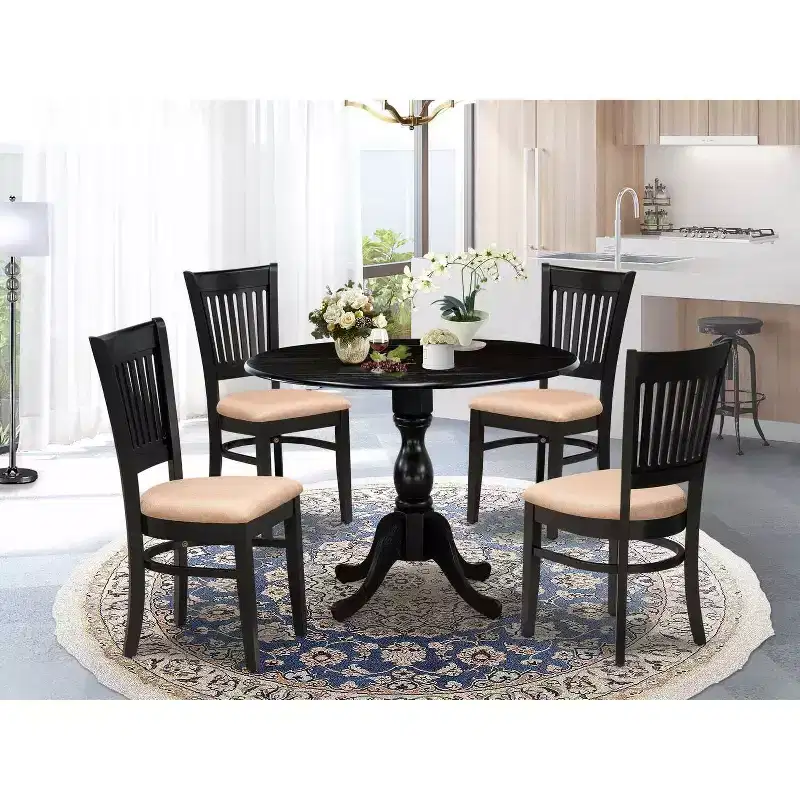 HomeStock 5-Piece Black Finish Solid Wood Top Dining table with 4 Chairs with Drop Leaf Slat Back