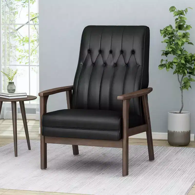 Mid Century Faux Leather Upholstered Accent Chair, Modern High Back Armchair, Leisure Wood Club Chair