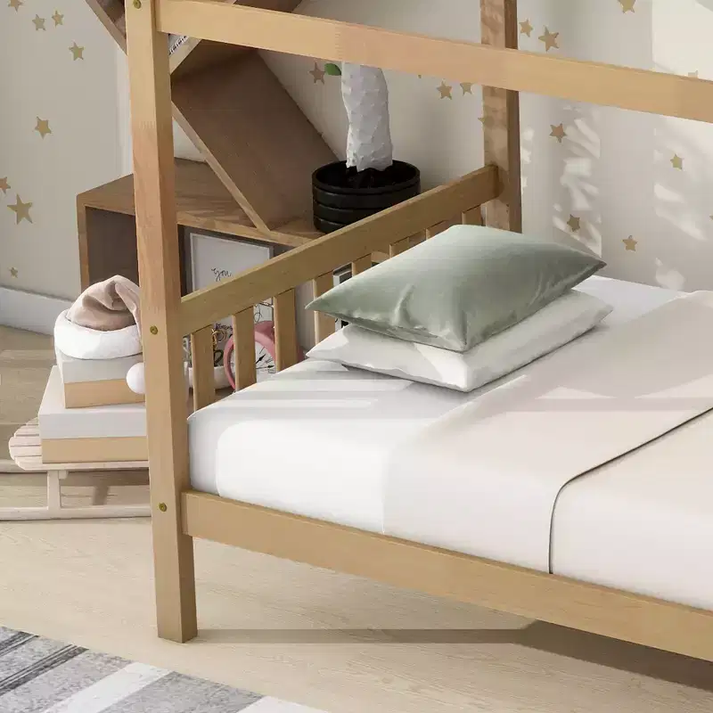Twin Rubber Wood Bed with House Frame Beige