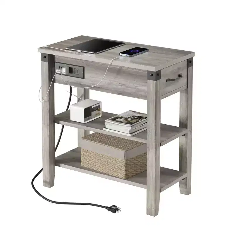 3 Tier End TableNarrow Wooden Side Table with Drawer, for Living Room,