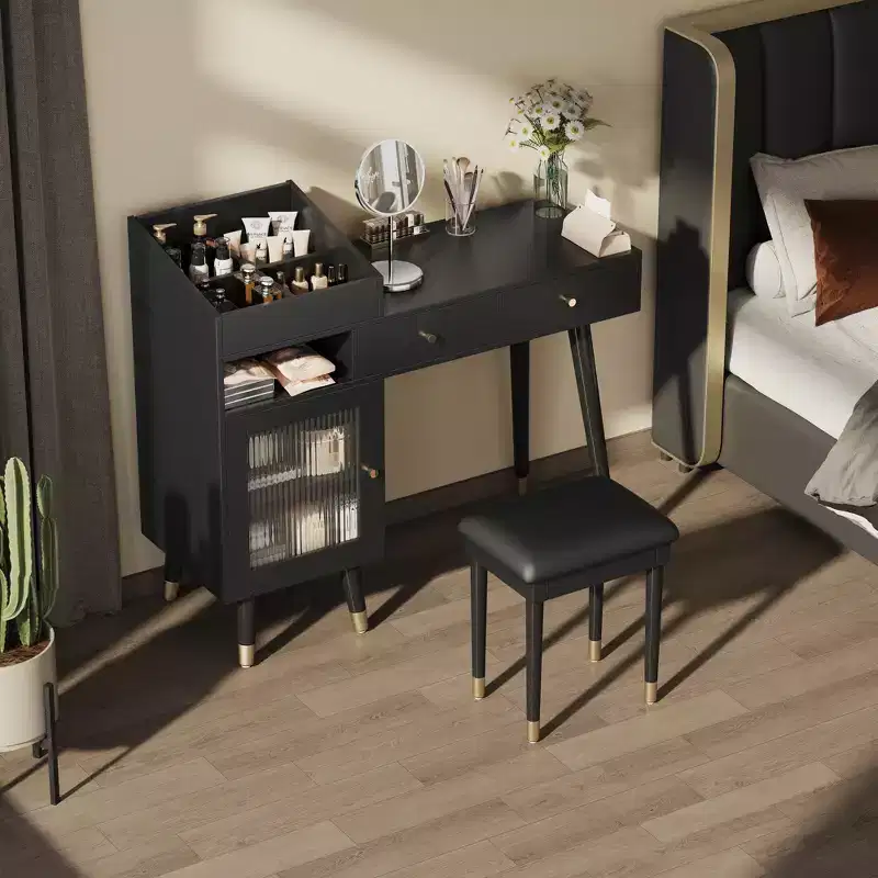 Modern Makeup Vanity Desk Vanity Table Dressing Table with Stool, Drawers, Cabinet & Charging Ports, Black/Walnut-ModernLuxe