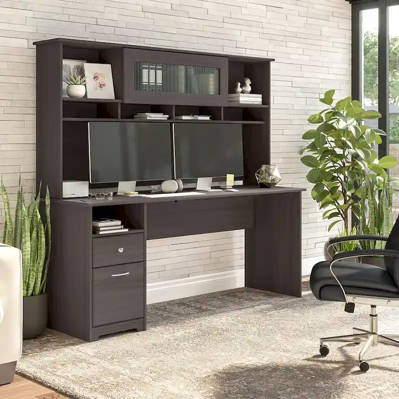72W Computer Desk with Hutch and Drawers by