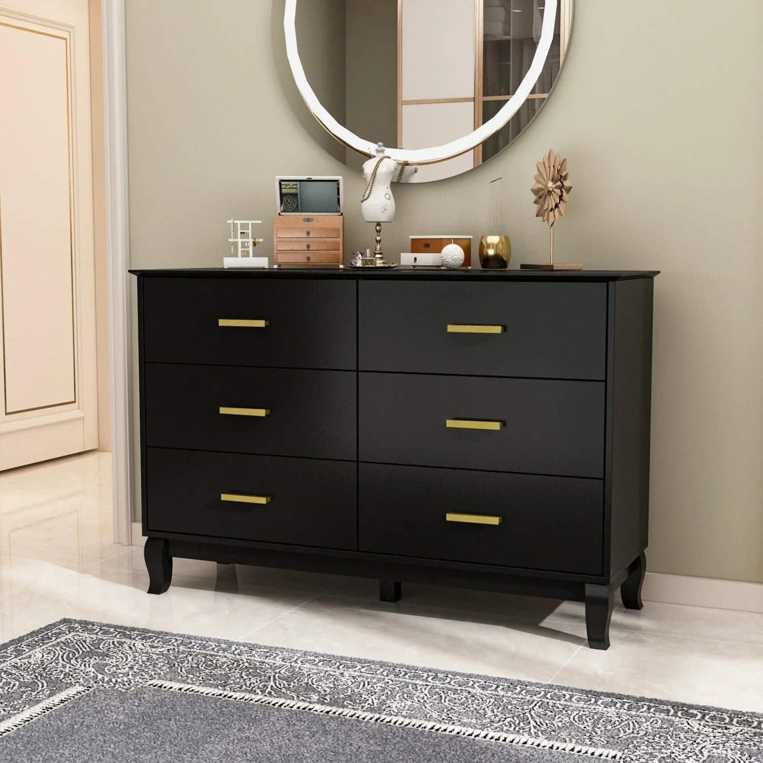 Timechee 6 Drawer 47.2W Double Dresser Solid Wood Legs Lacquer Chest
