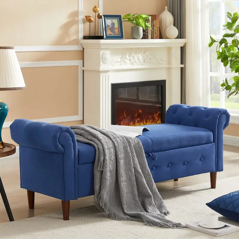 Storage Bench for Bedroom End of Bed Rolled Armed Linen Fabric Ottoman Couch Long Bench