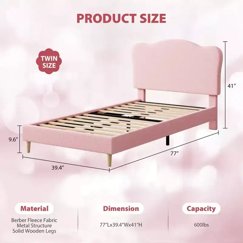Twin Size Bed Frame for Kids with Cute Headboard,Upholstered Twin Platform Bed for Girls, Boys, No Box Spring Needed Velvet Bedframe with Wooden Slats