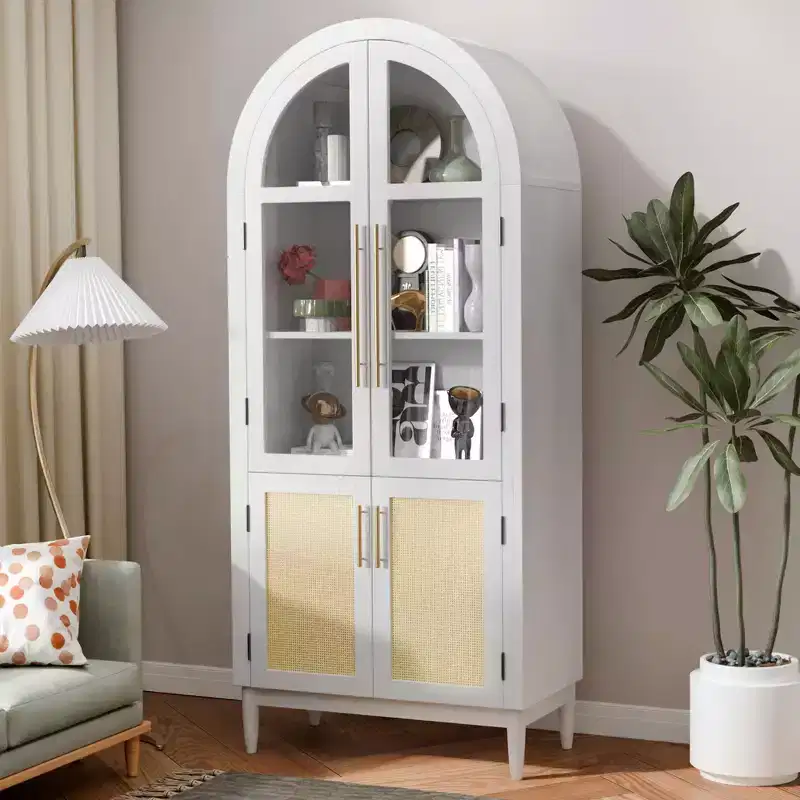MAYEERTY 71 Tall Arched Storage Cabinet Glass Doors Solid Wood Legs White